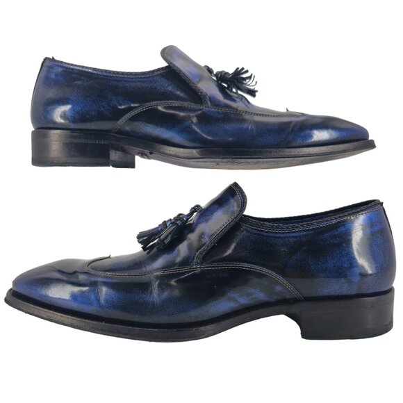 Mezlan Custom Marbleized Blue Leather Dress Shoes 8.5M Wingtip Tassel Loafers - Picture 6 of 16